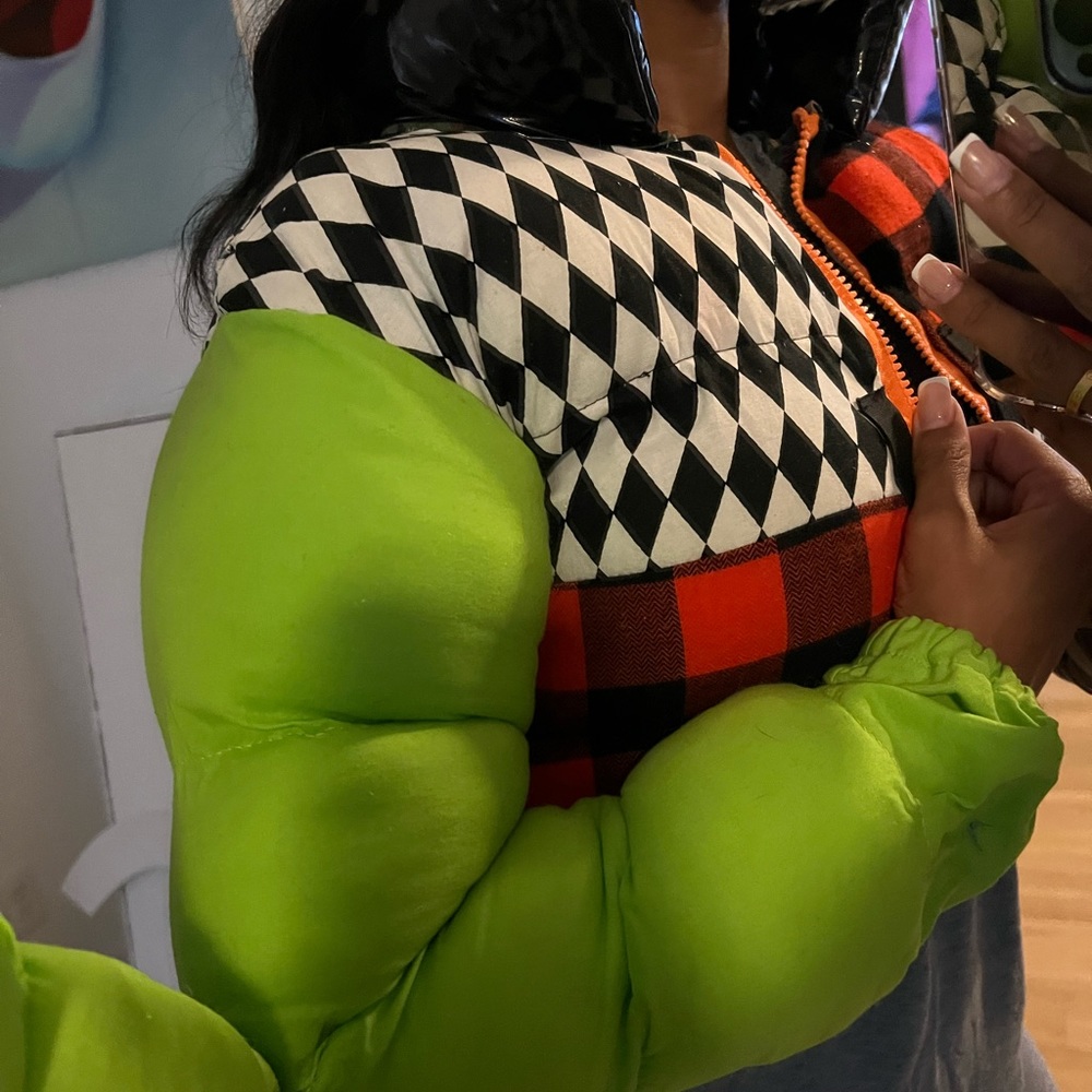 Textured puffer crop jacket multicolor patterned perfect for a statement piece